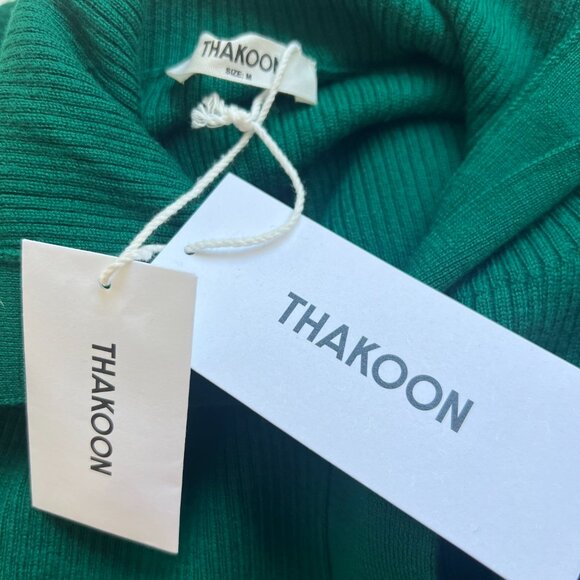 Thakoon 100% Merino Wool Emerald Green Button Up Turtleneck Soft Quiet Luxury M - Picture 7 of 16
